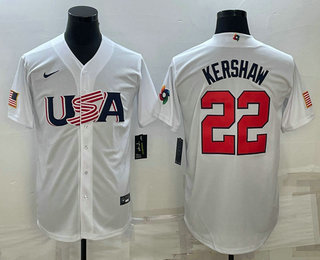 Mens USA Baseball #22 Clayton Kershaw 2023 White World Baseball Classic Stitched Jerseys